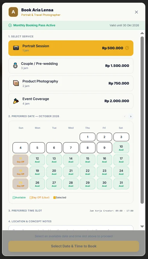 Booking screen with service choices, prices, an October availability calendar and days off