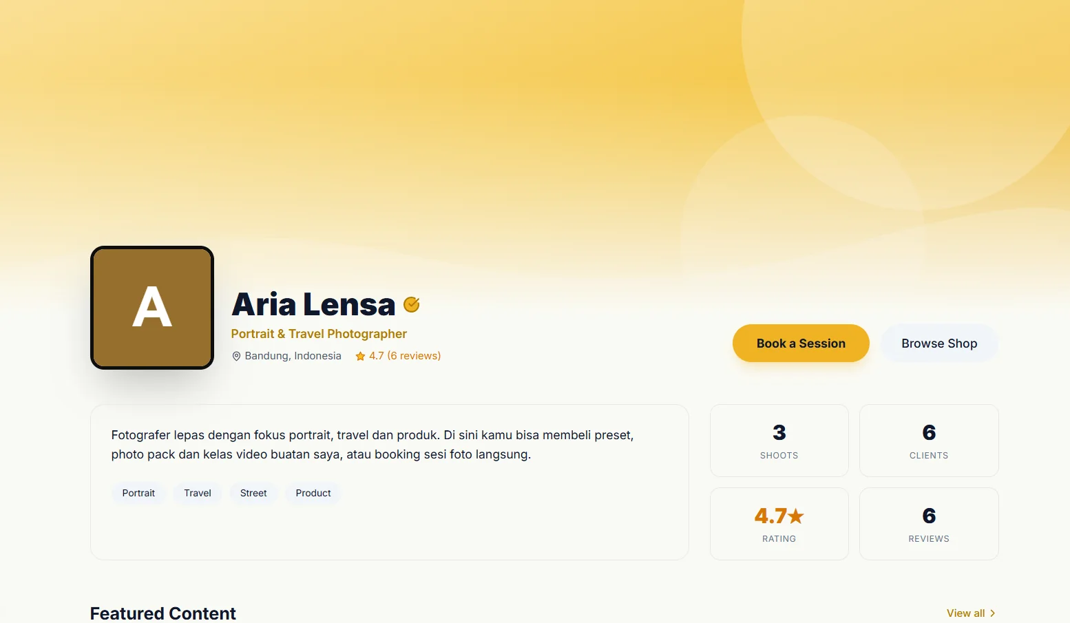 A creator's public storefront showing profile, bio, specialties, rating and a Book a Session button