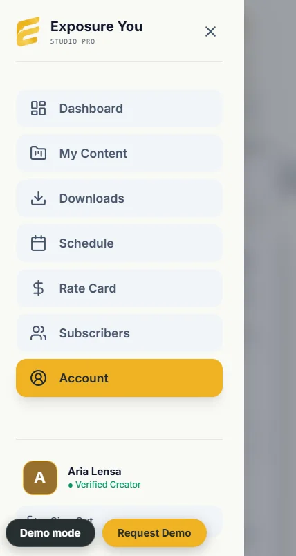 Creator studio menu on mobile