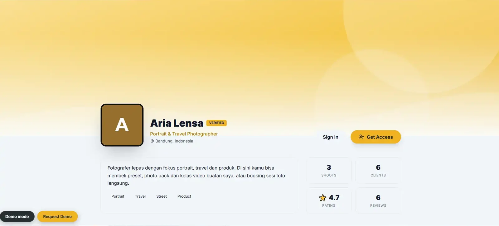 Public creator profile with avatar, verified badge, bio, specialty tags and stats for shoots, clients, rating and reviews